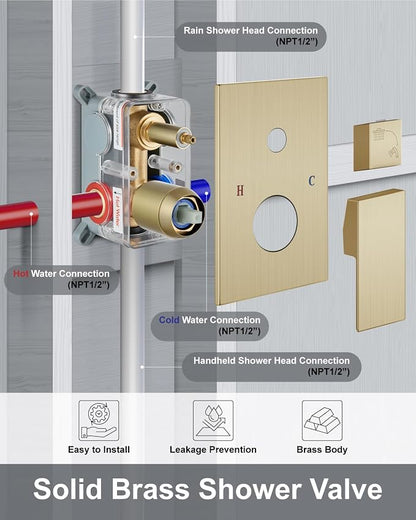 Aolemi Shower System with Rain Head and Handheld,10-Inch,Brushed Gold | High-Pressure Shower Faucet Set with Dual-Function Handheld,Rough-In Valve,1.8 GPM,Ceiling Mount Trim Kit