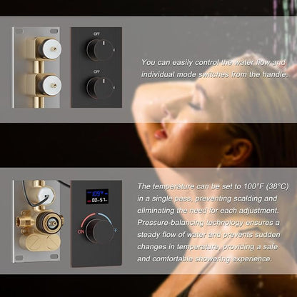 Oil Rubbed Bronze Shower System Temperature Display Shower Set | 12 inch and 8 inch Full Body Shower Head, with 6 PCS Body Jet and Handheld Spray