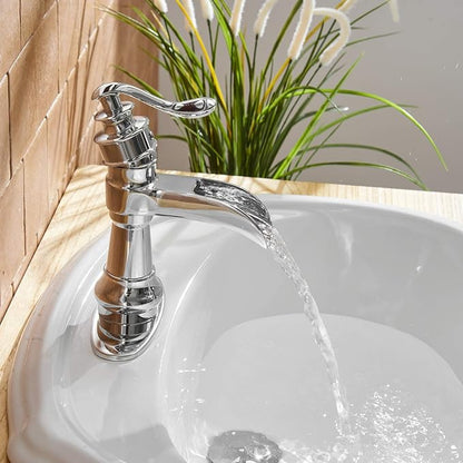 Waterfall Bathroom Sink Faucet Polished Chrome Farmhouse | Single-Handle, Single Hole Deck Mount, Includes Pop Up Drain with Overflow, Silver, Fingerprint Shedding Smooth Surface