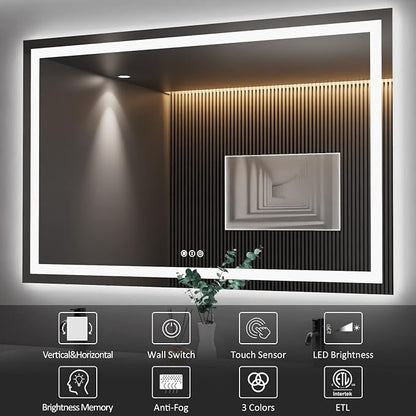 LED Bathroom Mirror 55"X40" with Front Light and Backlit | Stepless Dimmable, Anti-Fog, Shatter-Proof, HD Reflection, Memory, 3 Colors Lighting, UL Listed (Horizontal/Vertical).