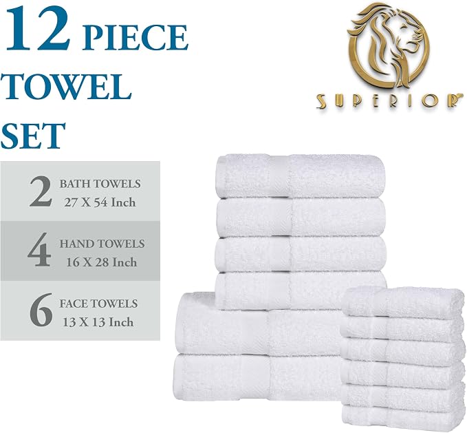 Superior 12-Piece Cotton Assorted Towel Set, Includes 6 Face Towel, 4 Hand, and 2 Bath Towels, Home, Bathroom, Guest Bath Essentials, Quick Dry, Absorbent, Franklin Collection - White