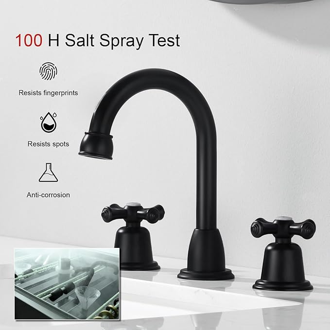 RKF Bathroom Faucets for Sink 3 Hole Matt Black 8 inch Widespread Bathroom Sink Faucet with Drain 2 Handles Cross Knobs Faucet Vanity Faucet Basin Mixer Tap with Hose & Deck CWF039-MB