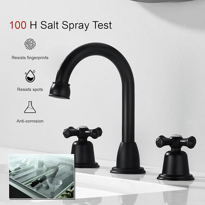RKF Bathroom Faucets for Sink 3 Hole Matt Black 8 inch Widespread Bathroom Sink Faucet with Drain 2 Handles Cross Knobs Faucet Vanity Faucet Basin Mixer Tap with Hose & Deck CWF039-MB