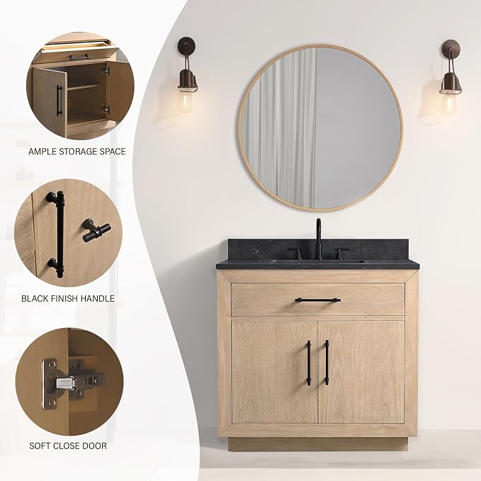 36 Inch Bathroom Vanity with Single Sink & Black Ceramic Top, MDF Material Vanity Cabinet with Basin Combo, Soft-Closing Doors, Removable Shelf, Backsplash