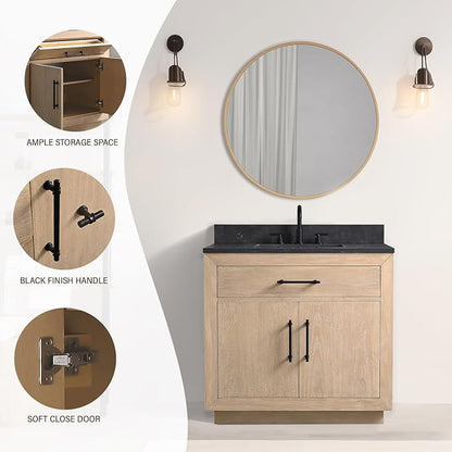 36 Inch Bathroom Vanity with Single Sink & Black Ceramic Top, MDF Material Vanity Cabinet with Basin Combo, Soft-Closing Doors, Removable Shelf, Backsplash