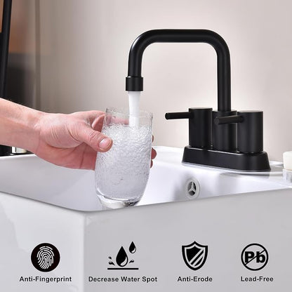 4 Inch Centerset Matte Black Bathroom Faucet 2 or 3 Hole | Stainless Steel Black Sink Faucet with Pop up Drain, 2 Handle Vanity Faucet for Bathroom, Restroom, Rv