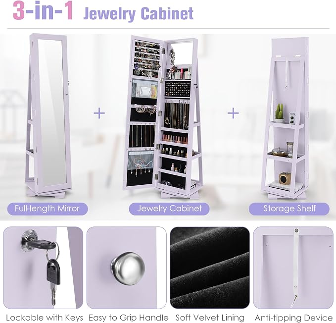 LOKO 360° Rotating Jewelry Armoire, Freestanding Jewelry Cabinet with Inside Makeup Mirror, 2-in-1 Lockable Jewelry Organizer w/Full-Length Mirror for Women (Lavender)