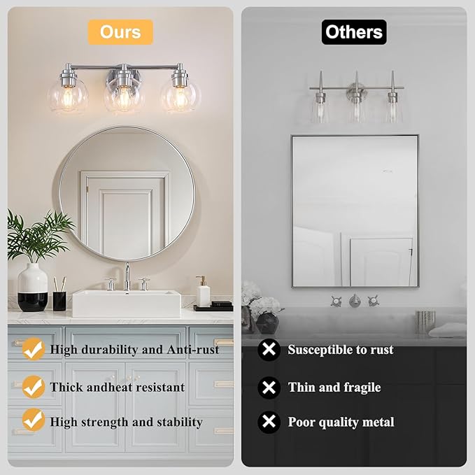 Upgrade 3-Light Bathroom Light Fixtures, Modern Vanity Light with Globe Glass Shade, Silver Chrome Bathroom Lights Over Mirror, Vanity Lights for Bathroom Bedroom Kitchen Hallway Living Room