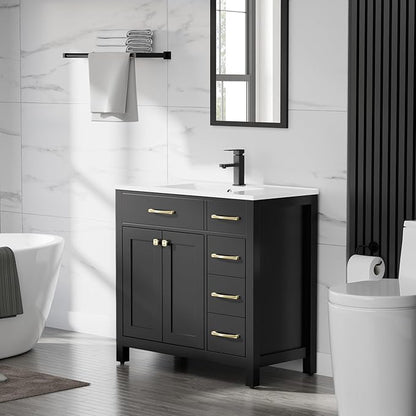 LUCKWIND 36" Bathroom Vanity with Sink Combo, Painted Modern Bathroom Storage Cabinet with Large Sink, Two Doors and Three Drawers, Include Faucet, Without Mirror, Black