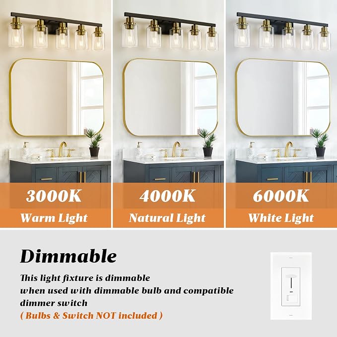 5-Light Black and Gold Bathroom Vanity Light, 30" Modern Vanity Lighting Fixture, Bathroom Light Fixtures, Wall Sconces with Clear Glass Shade, Black Bathroom Wall Light Over Mirror