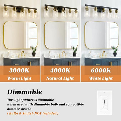 5-Light Black and Gold Bathroom Vanity Light, 30" Modern Vanity Lighting Fixture, Bathroom Light Fixtures, Wall Sconces with Clear Glass Shade, Black Bathroom Wall Light Over Mirror