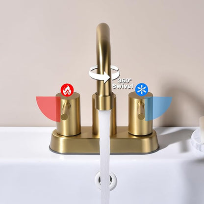 Brushed Gold 4 Inch Centerset Bathroom Faucet 2 or 3 Hole | Stainless Steel 2 Handle Gold Bathroom Sink Faucet for Bathroom, Restroom, Vanity, Rv