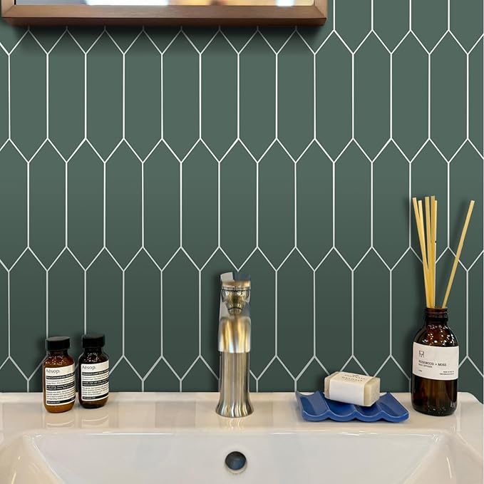 Peel and Stick Olive Long Hexagon Tile| Elongated Hexagon Self Adhesive Mosaic Wall Tiles| Stick On Kitchen Backsplash Wall Tiles|6-Sheet