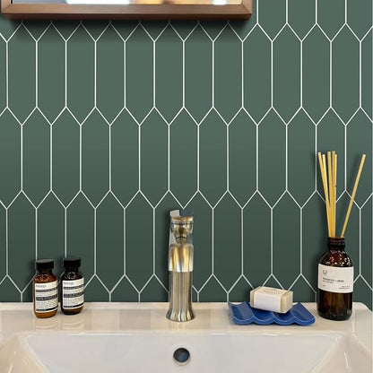 Peel and Stick Olive Long Hexagon Tile| Elongated Hexagon Self Adhesive Mosaic Wall Tiles| Stick On Kitchen Backsplash Wall Tiles|6-Sheet