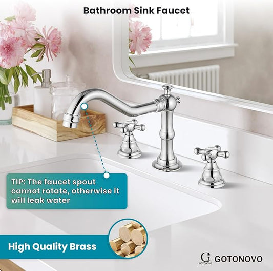 gotonovo Bathroom Faucet 3 Hole 8 Inch Widespread Bathroom Sink Faucet 2 Cross Handles Vintage Lavatory Vanity Mixer Tap with Pop Up Drain, HOT Cold Label, Polish Chrome