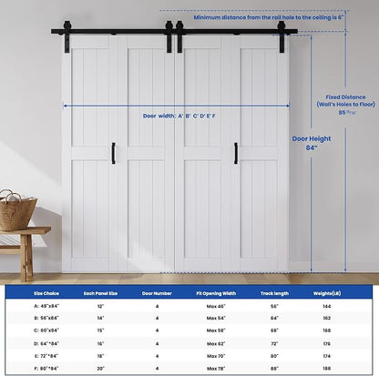 SMARTSTANDARD Bifold Barn Door 72" x 84", MDF Bi-Fold Sliding Closet Doors | Hardware Kit Included, Pre-Finished Easy Assembly, Water-Proof PVC Surface & Save Space, H-Frame, 80" Track for 4 Doors