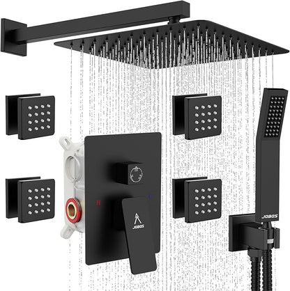 Shower System 12IN Modern Rain Brass Faucet Set With Valve and Diverter Shower Mixer With Handheld High Pressure Square Rainfall Shower Valve (12'' Wall Mount 4 Body Jet, Matte Black)
