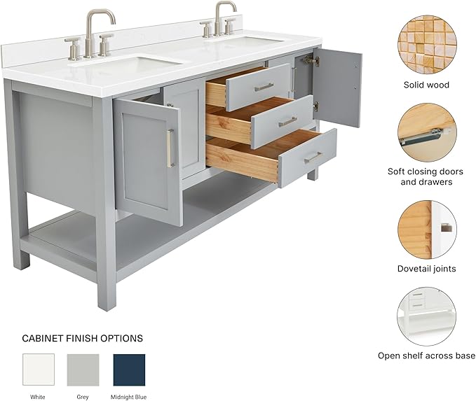ARIEL Magnolia 72-inch Bathroom Vanity with Sink,Solid Wood, 1.5-inch Carrara White Quartz Countertop & Backsplash, Double Rectangular Porcelain Sink, 4 Soft Closing Doors, 3 Dovetail Drawers, Grey