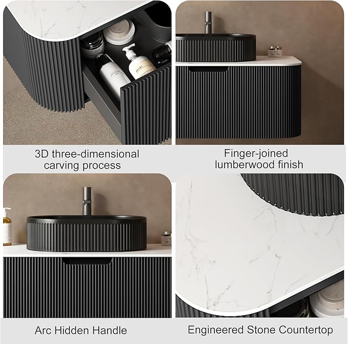36 inch Floating Bathroom Vanity with Sink, Wall-Mount Black Cabinet with Ultra-Thin Ceramic Basin and Marble Top, Large Storage Drawer, Soft-Close Design