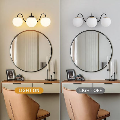 3 Lights Vintage Bathroom Vanity Light Fixtures Over Mirror, Matte Black Vanity Lights For Bathroom With Milk White Glass Globe Shade, Wall Lights For Bedroom, Hallway, Dressing Table(Includ G9 Bulbs)