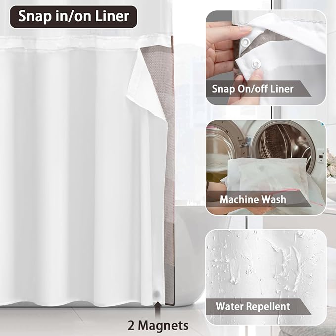 No Hook Shower Curtain with Liner Set Hotel Waffle Brown Striped 72W X 75L | Washable Snap in Fabric Liner, Mesh Top Window, Waffle Hotel Style Shower Curtain Set