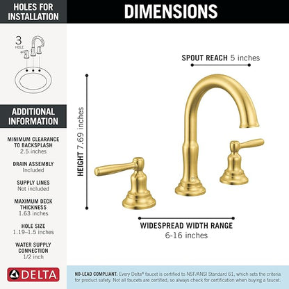 Delta Roe Brushed Gold Bathroom Faucet 3 Hole, 8 Inch Widespread Bathroom Sink Faucet for Vanity, Push-Pop Drain Assembly, Brushed Gold 35985LF-GB