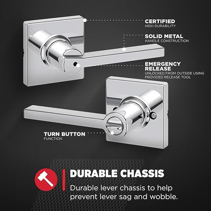 Kwikset Casey Interior Privacy Door Handle with Lock, Door Lever for Bathroom and Bedroom, Polished Chrome Reversible Keyless Turn Lock (Pack of 4)