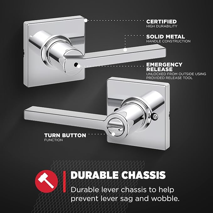 Kwikset Casey Interior Privacy Door Handle with Lock, Door Lever For Bathroom and Bedroom, Polished Chrome Reversible Keyless Turn Lock