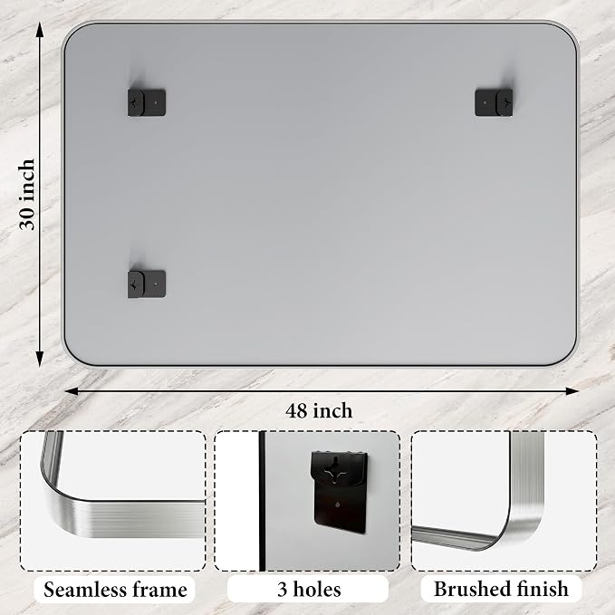 48X30 Inch Silver Metal Framed Bathroom Mirror for Wall,HD Tempered Glass | Matte Framed Rounded Rectangular Modern Mirrors for Over Sink, Anti-Rust, Farmhouse, Hangs Horizontally or Vertically