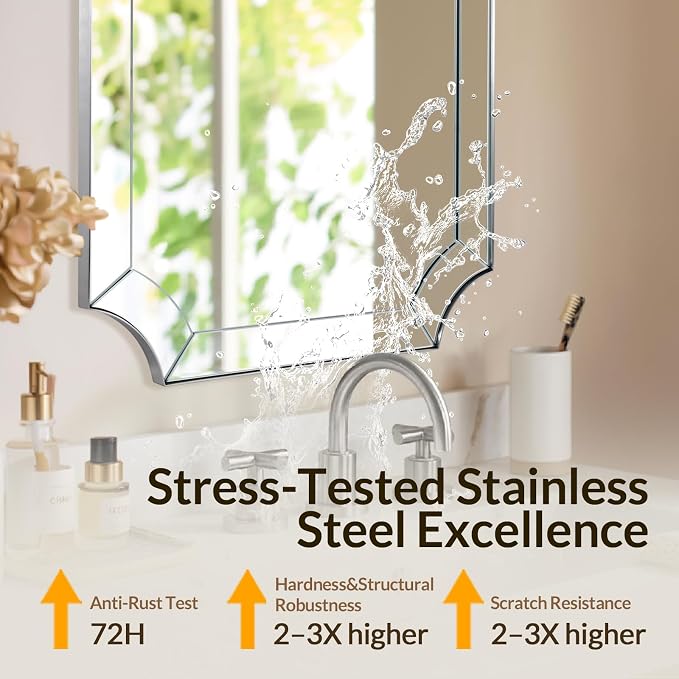 30x36 Inch Brushed Nickel Bathroom Mirror, Scalloped Mirror for Bathroom, Modern Silver Mirror with Elegant Curved Scallop Design, Anti-Rust Stainless Steel Frame, Ideal for Home Remodel