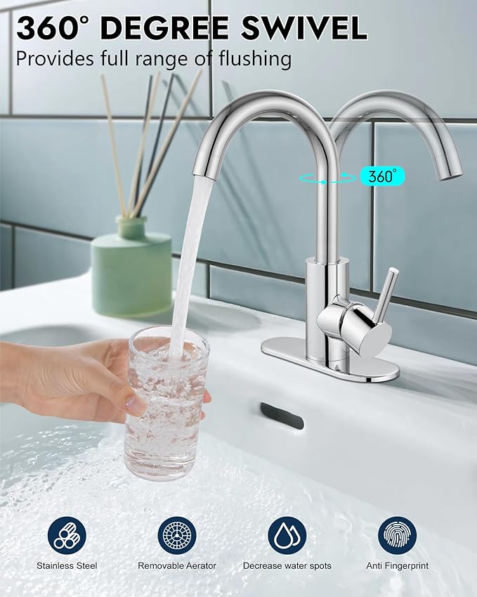 Midanya Single Hole Bathroom Faucet 1 Hole Bar Sink Faucet Suitable for Kitchen RV Vanity,304 Stainless Steel 360° Swivel Spout with Deck Plate and Pop-up Drain,Polish Chrome