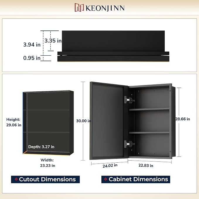 Keonjinn 24" x 30" Bathroom Medicine Cabinet with Mirror, Oil Rubbed Bronze | Fully Assembled, Adjustable Shelves, Aluminum Frame, Rust-resistant, Recessed or Wall-Mounted Medicine Cabinet, Waterproof
