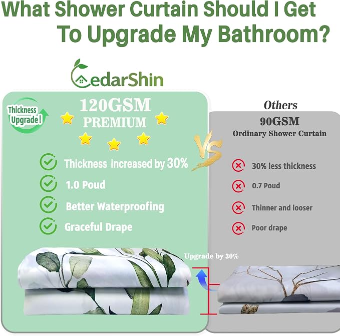 120GSM Green Eucalyptus Shower Curtain with 12PCS Hooks, Watercolor Floral Print Bathroom Décor, Green Botanical Washable Fabric Shower Curtain, 72 x 72 Inch