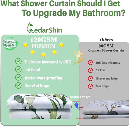 120GSM Green Eucalyptus Shower Curtain with 12PCS Hooks, Watercolor Floral Print Bathroom Décor, Green Botanical Washable Fabric Shower Curtain, 72 x 72 Inch