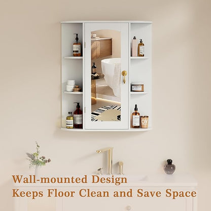 VECELO Bathroom Wall Cabinet with Mirror, Wall Mounted Medicine Cabinets with Door and 6 Open Shelves, Inner Adjustable Shelf, White