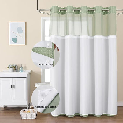 Colorful Star Sage Green No Hook Waffle Shower Curtain Set, 36 x 75 Inch | Waterproof Shower Curtain with Snap in Fabric Liner and Mesh Top Window, Hotel Style Heavy Duty Thick Bathroom Curtain