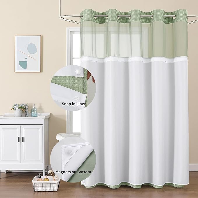 Colorful Star Sage Green No Hook Waffle Shower Curtain Set, 72 x 75 Inch | Waterproof Shower Curtain with Snap in Fabric Liner and Mesh Top Window, Hotel Style Heavy Duty Thick Bathroom Curtain