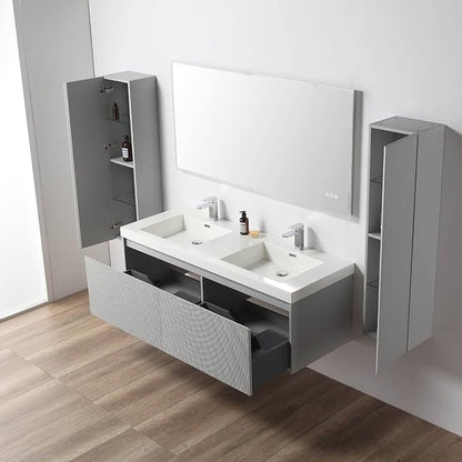 Blossom 60 Inch Double Sink Bathroom Vanity with Side Cabinets, All Wood Wall Mounted Floating Bathroom Vanity Cabinet with Acrylic Sink, Soft-Close Drawers, Bathroom Vanities, Light Grey
