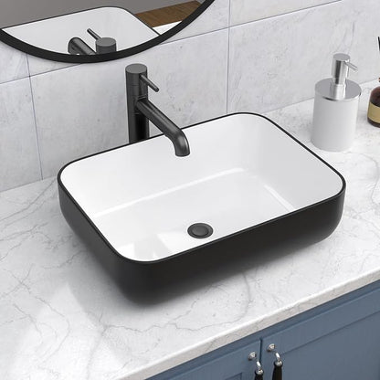 Ceramic Bathroom Sink Black and White 16" x 12" Above Counter Vessel Sink | Modern White Porcelain Ceramic Above Counter Vanity Sink Art Basin Rectangular Countertop Bathroom Vessel Sinks