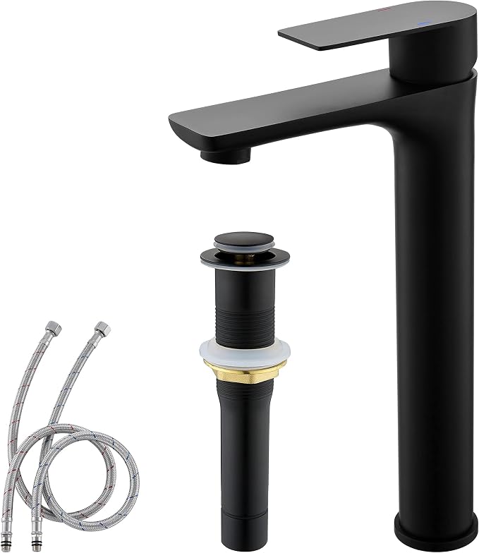 TONNY Single Handle Black Bathroom Sink Faucet | Tall Vanity Faucet with Deck Plate for 1 or 3 Holes, Stainless Steel, with Pop Up Drain for Vessel Sink Laundry Lavatory RV