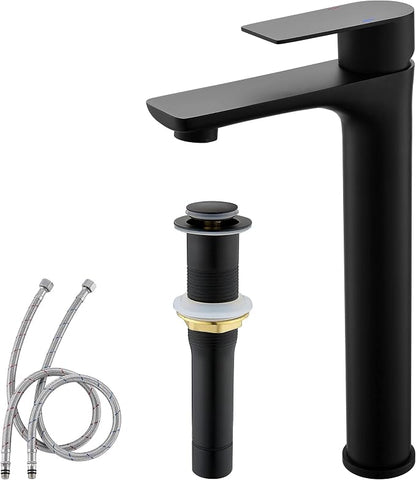 TONNY Single Handle Black Bathroom Sink Faucet | Tall Vanity Faucet with Deck Plate for 1 or 3 Holes, Stainless Steel, with Pop Up Drain for Vessel Sink Laundry Lavatory RV