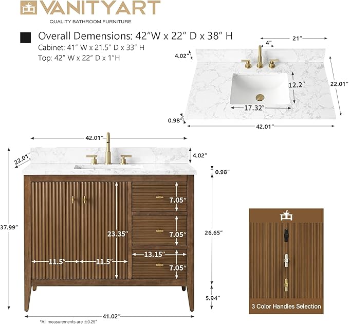 Vanity Art 42 inch Walnut Bathroom Vanity with Single Sink & Ceramic Top, Vanity Cabinet with Soft-Closing Door, Solid Wood Frame, Linear Pattern, Walnut, VA9142-Walnut-MB,Matte Black Handles