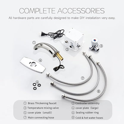 Touchless Bathroom Sink Faucet Automatic Motion Sensor Hands Free Faucet with Hole Cover Plate and Temperature mixing water valve,Commercial Solid Brass Faucet,1 Hole or 3 Hole, AC/DC Powered (Nickel)