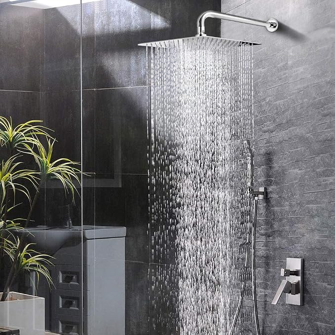 NearMoon Square Rain Shower Head With Extension Arm, Large Stainless Steel Rainfall Shower-Waterfall Full Body Coverage (12 Inch, Chrome)