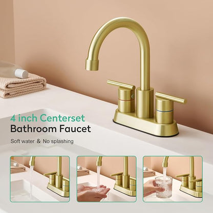 Faustina Brushed Gold Bathroom Faucet, 4 Inch Centerset Faucets for Sink 2 Holes 3 Holes，Two Handles 304 Stainless Steel Faucet with Pup up Drain Assembly and 2 Water Supply Lines for RV Vanity
