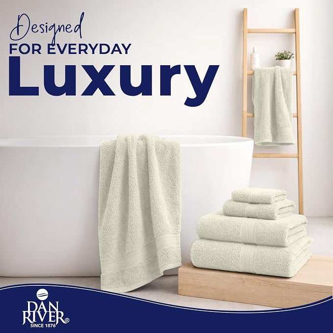 DAN RIVER 8 Piece Luxury Bath Towels for Bathroom, Towel Set, Ivory | 2 Bath towels, 2 Hand towels, and 4 Wash Cloths, 600 GSM 100% Ring Spun Cotton, Highly Absorbent, Gym, Hotel, guest, and Spa