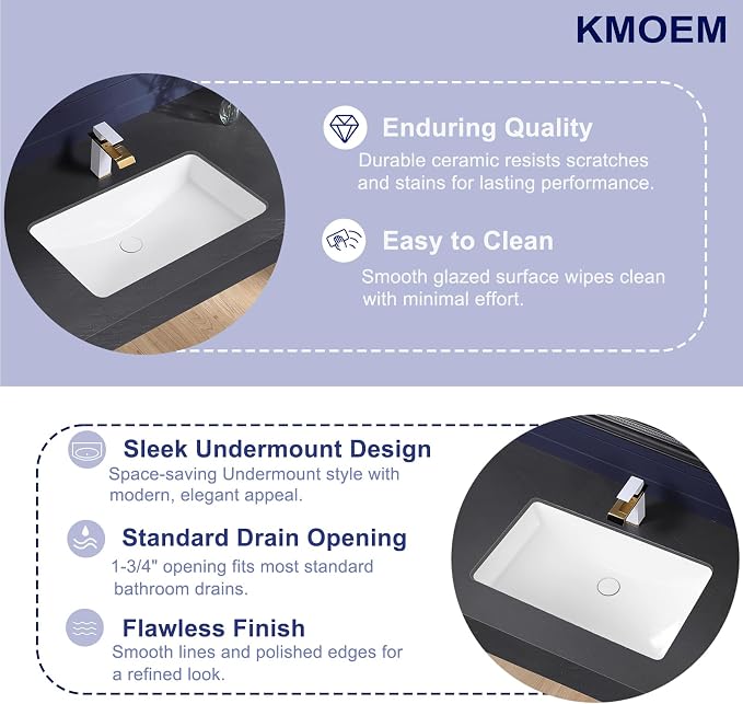 Undermount Bathroom Sink 27x17 Inch Small Bathroom Sink White Porcelain Ceramic Bathroom Under Counter Lavatory Vanity Sink Basin Rectangular Undermount Sinks with Overflow