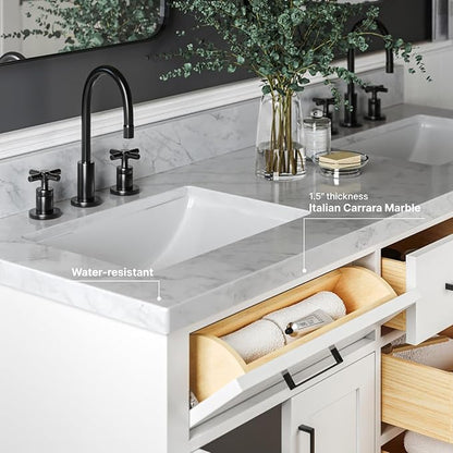 ARIEL Hepburn 60-inch Bathroom Vanity with Sink,Solid Wood, 1.5-inch Italian Carrara Marble Countertop, Double Rectangular Porcelain Sink, 4 Soft Closing Doors, 6 Dovetail Drawers, White