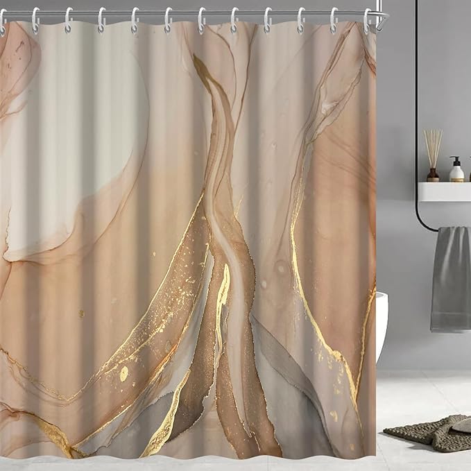 Brown Shower Curtain, Modern Brown Gold Grey Marble Shower Curtain for Bathroom Aesthetic Ink Texture Waterproof Shower Curtain Set with Hooks, 72x96 Inch