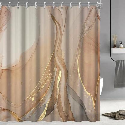 Brown Shower Curtain, Modern Brown Gold Grey Marble Shower Curtain for Bathroom Aesthetic Ink Texture Waterproof Shower Curtain Set with Hooks, 72x96 Inch